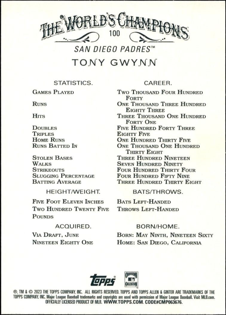 2023 Topps Allen & Ginter Tony Gwynn #100 baseball trading card back