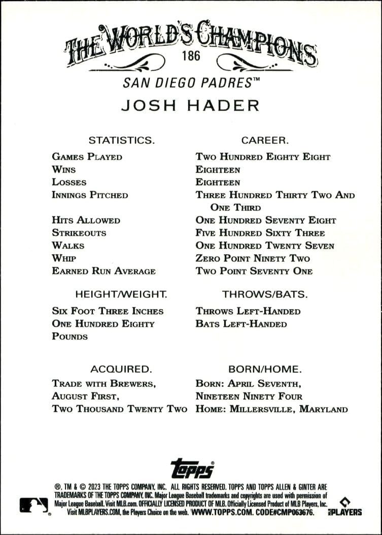 2023 Topps Allen & Ginter Josh Hader #186 baseball trading card back
