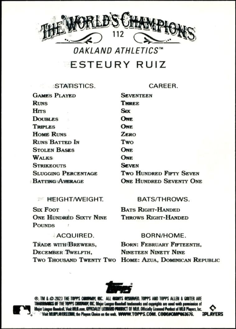 2023 Topps Allen & Ginter Esteury Ruiz #112 baseball trading card back