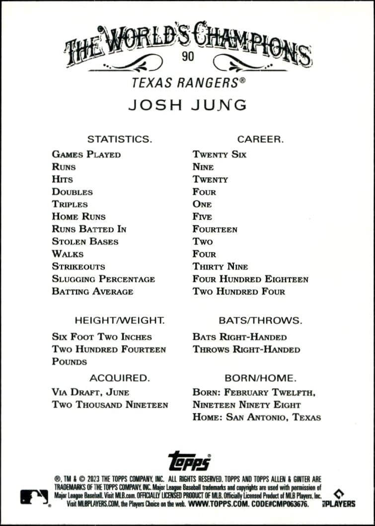 2023 Topps Allen & Ginter Josh Jung #90 baseball trading card back