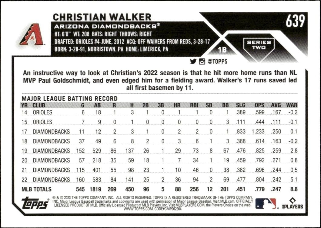 2023 Topps Series 2 Christian Walker #639 baseball trading card back