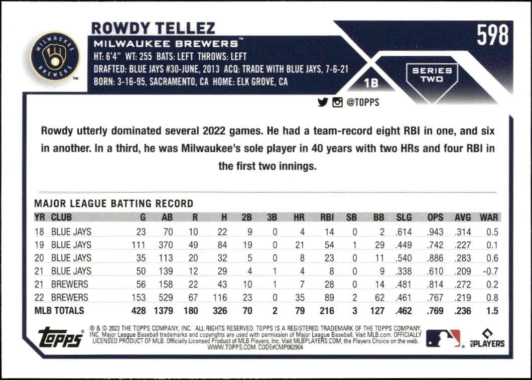 2023 Topps Series 2 Rowdy Tellez #598 baseball trading card back