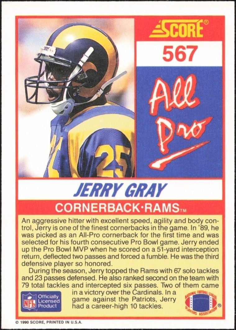 1990 Score Jerry Gray #567 football trading card back