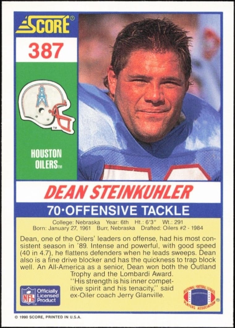 1990 Score Dean Steinkuhler #387 football trading card back