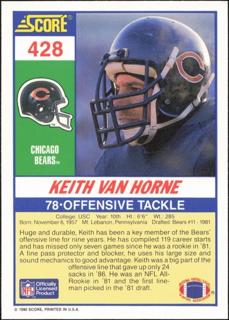 1990 Score Keith Van Horne #428 football trading card back