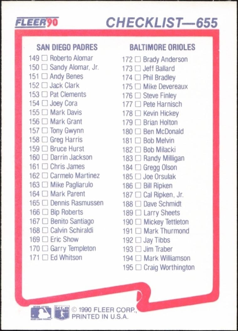 1990 Fleer Checklist #655 baseball trading card back