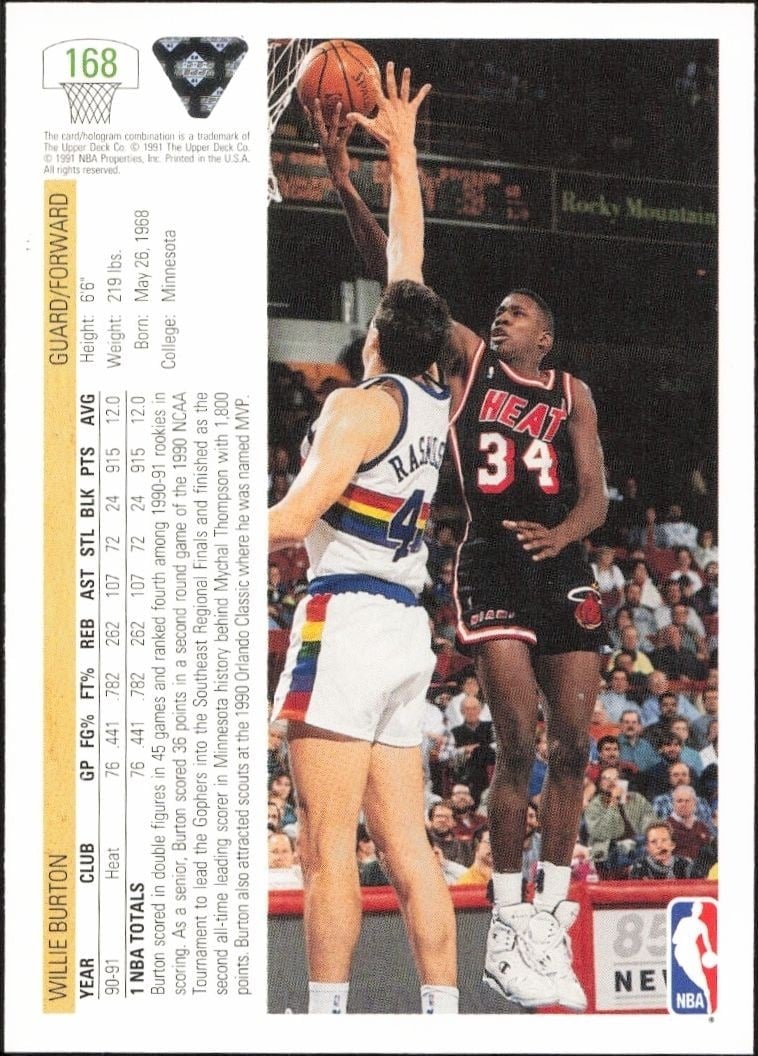 1991-92 Upper Deck Willie Burton #168 basketball trading card back