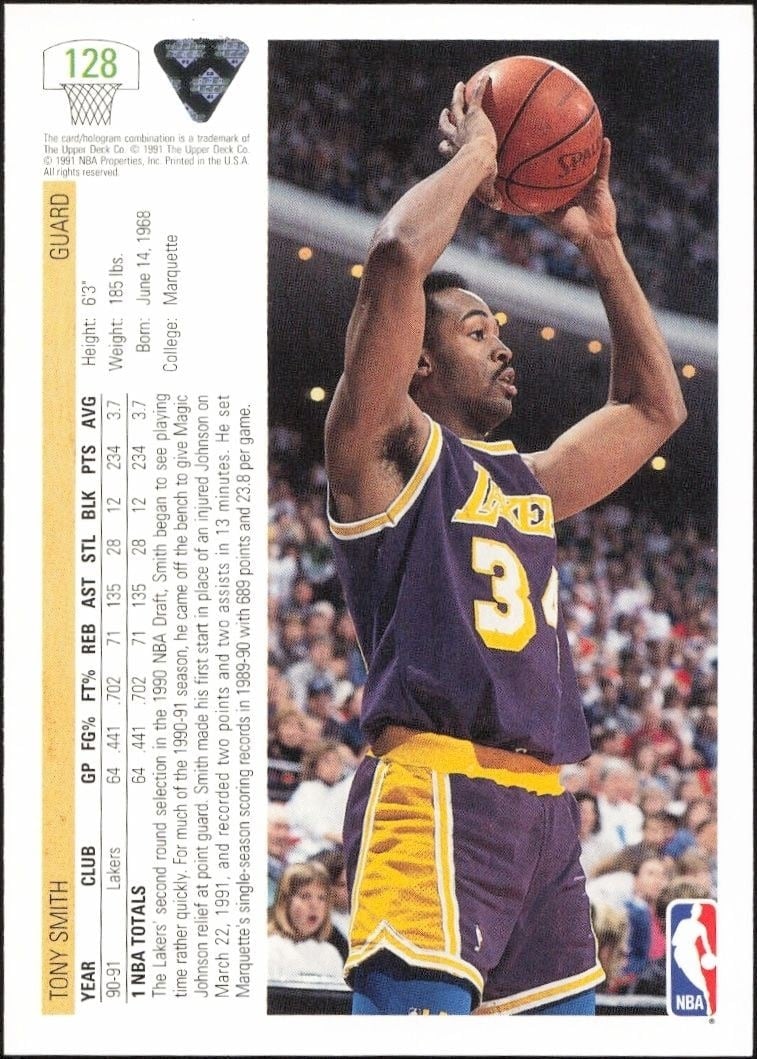 1991-92 Upper Deck Tony Smith #128 basketball trading card back