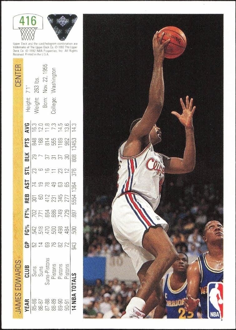 1991-92 Upper Deck James Edwards #416 basketball trading card back