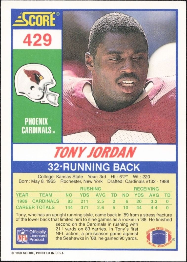 1990 Score Tony Jordan #429 football trading card back