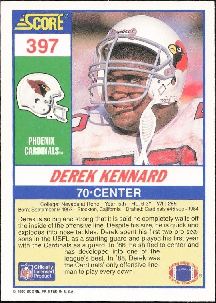 1990 Score Derek Kennard #397 football trading card back