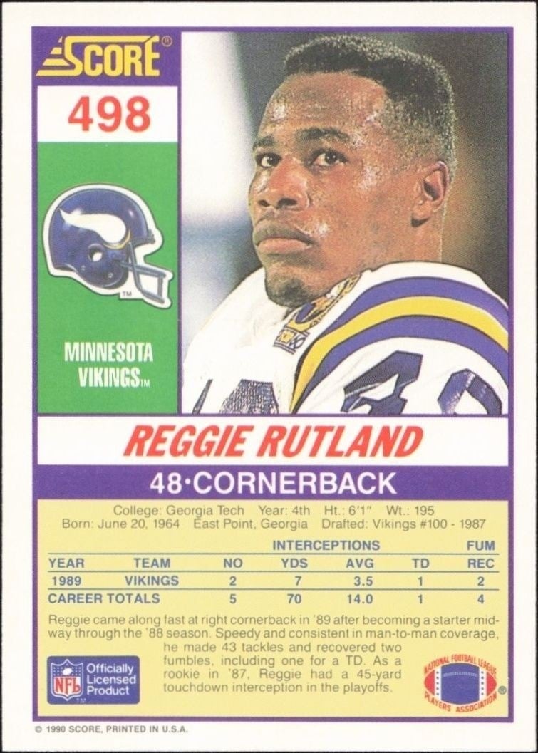 1990 Score Reggie Rutland #498 football trading card back