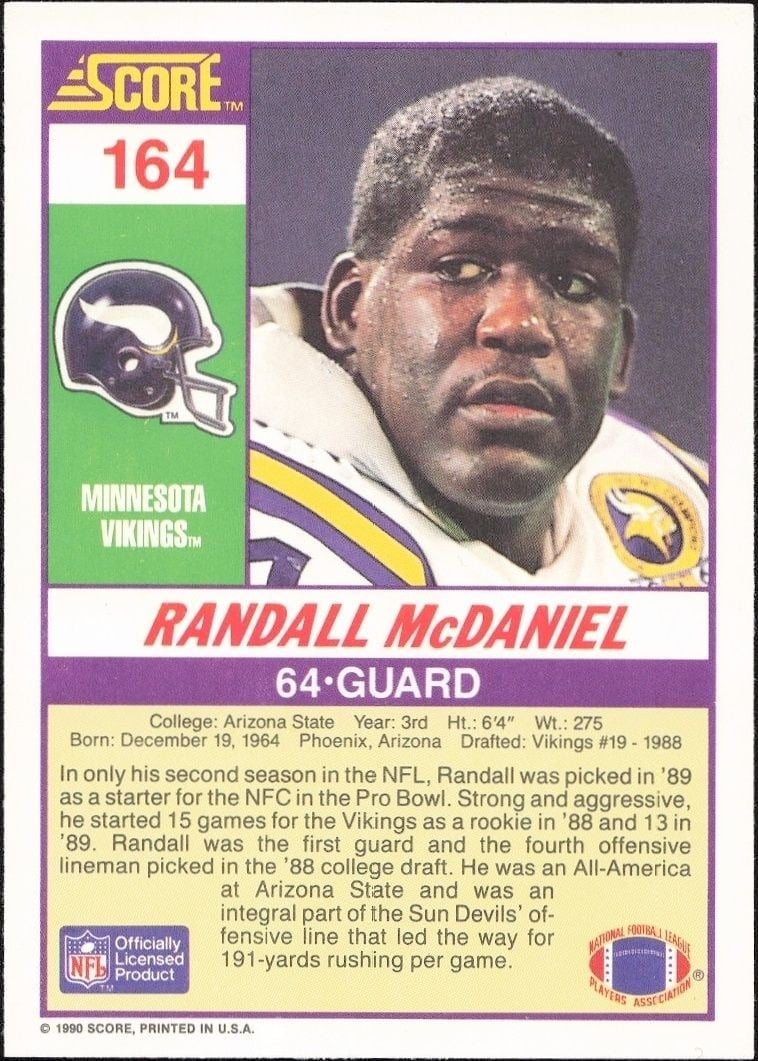1990 Score Randall McDaniel #164 football trading card back