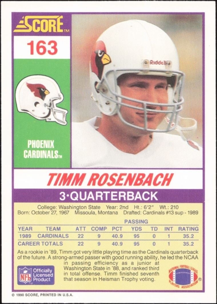 1990 Score Timm Rosenbach #163 football trading card back