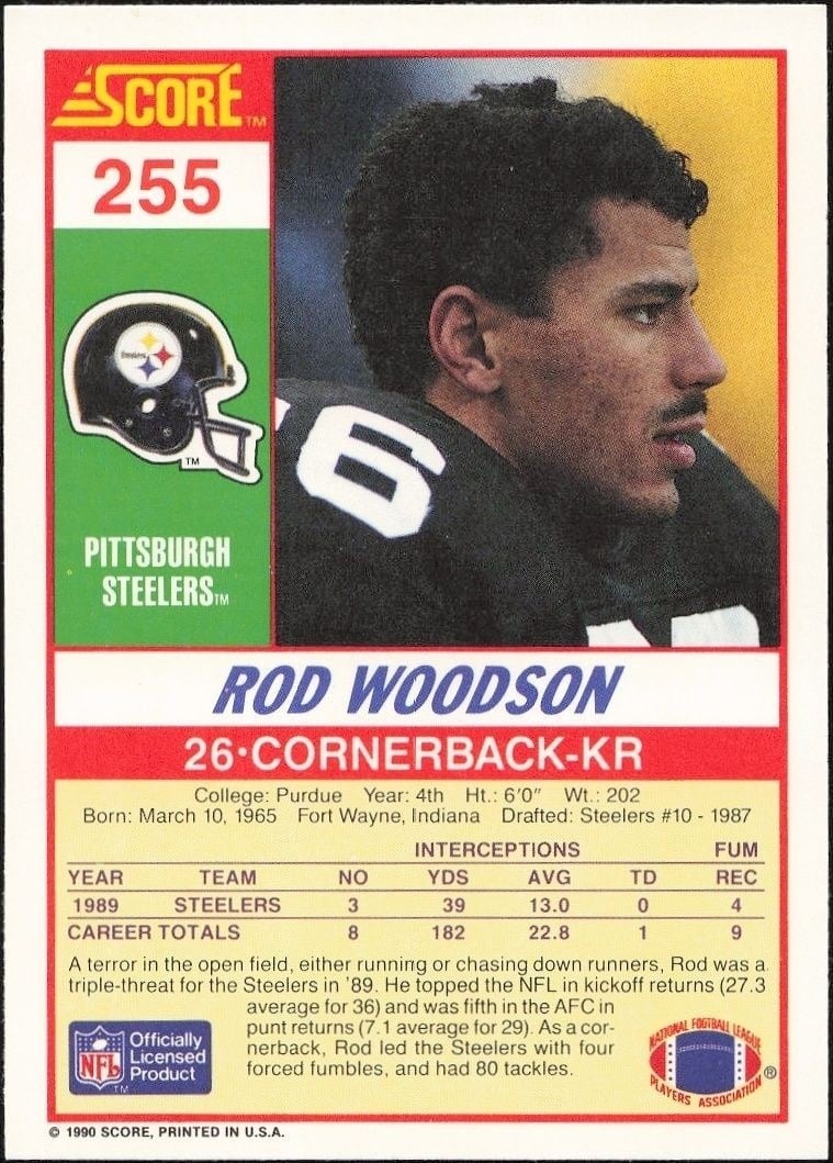 1990 Score Rod Woodson #255 football trading card back