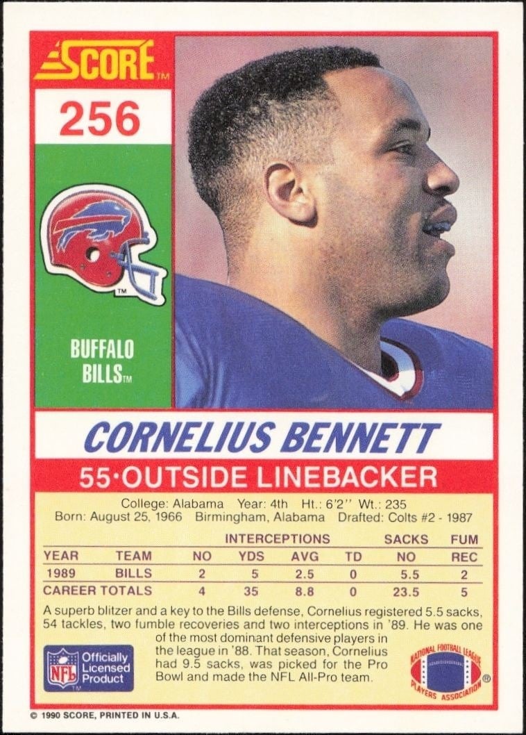 1990 Score Cornelius Bennett #256 football trading card back