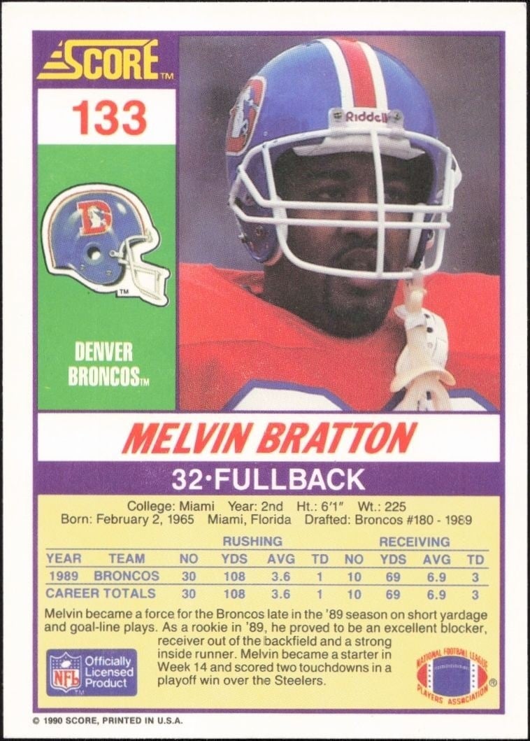 1990 Score Melvin Bratton #133 football trading card back