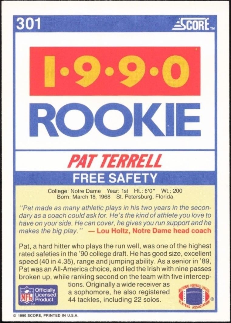 1990 Score Pat Terrell #301 football trading card back