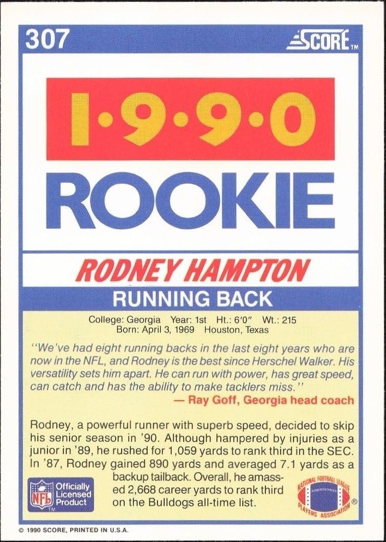 1990 Score Rodney Hampton #307 football trading card back