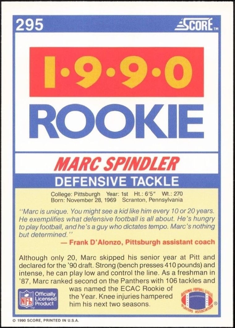 1990 Score Marc Spindler #295 football trading card back