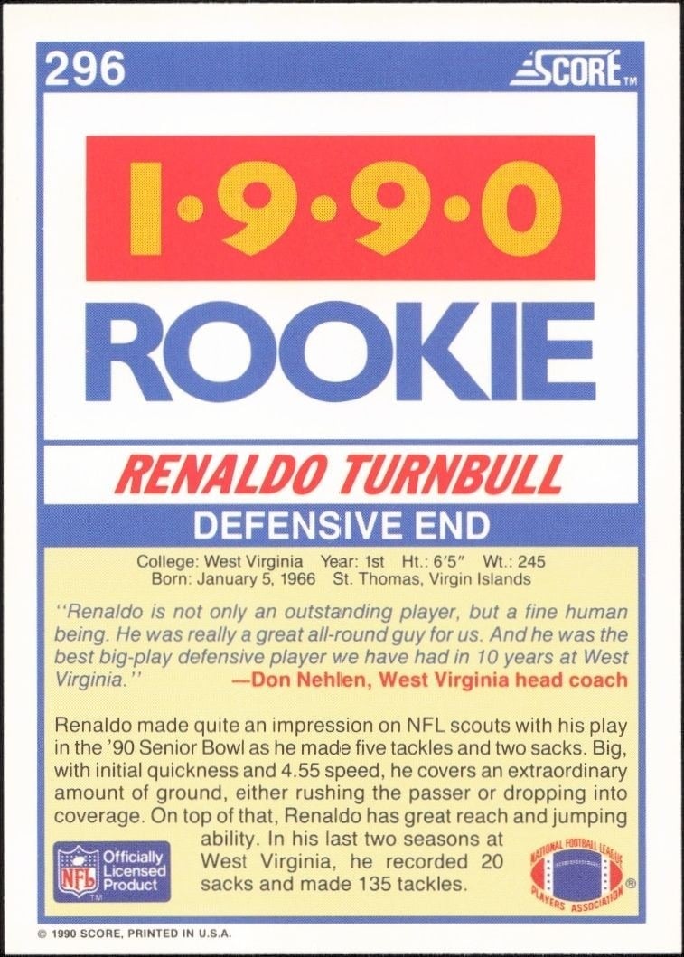 1990 Score Renaldo Turnbull #296 football trading card back