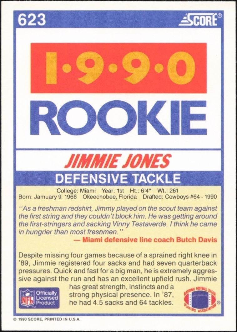 1990 Score Jimmie Jones #623 football trading card back