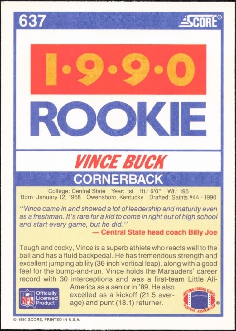 1990 Score Vince Buck #637 football trading card back