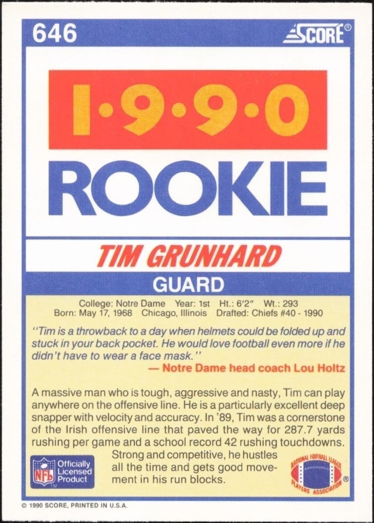 1990 Score Tim Grunhard #646 football trading card back