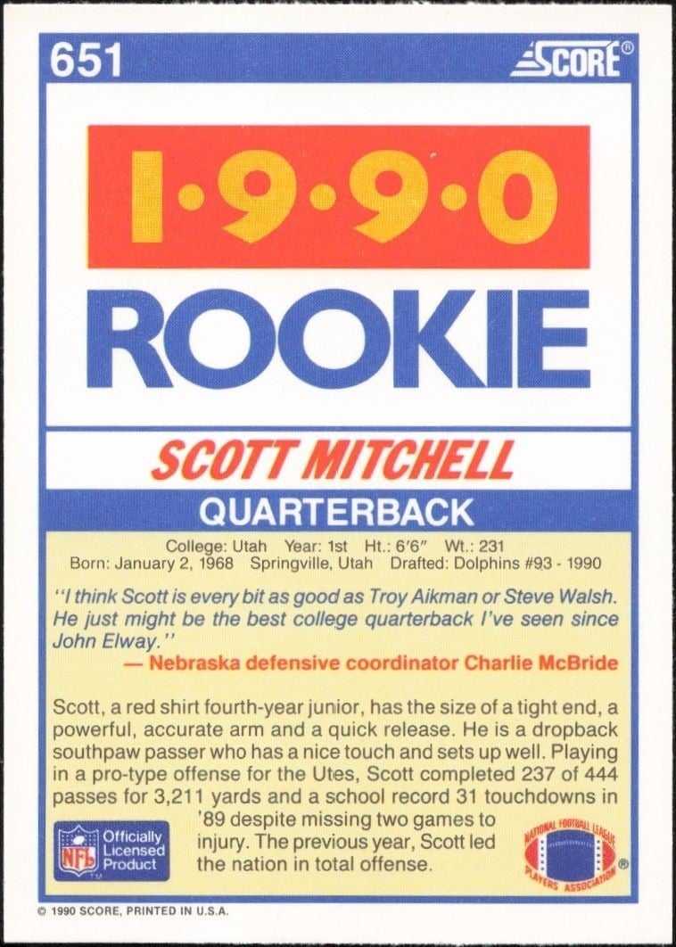1990 Score Scott Mitchell #651 football trading card back