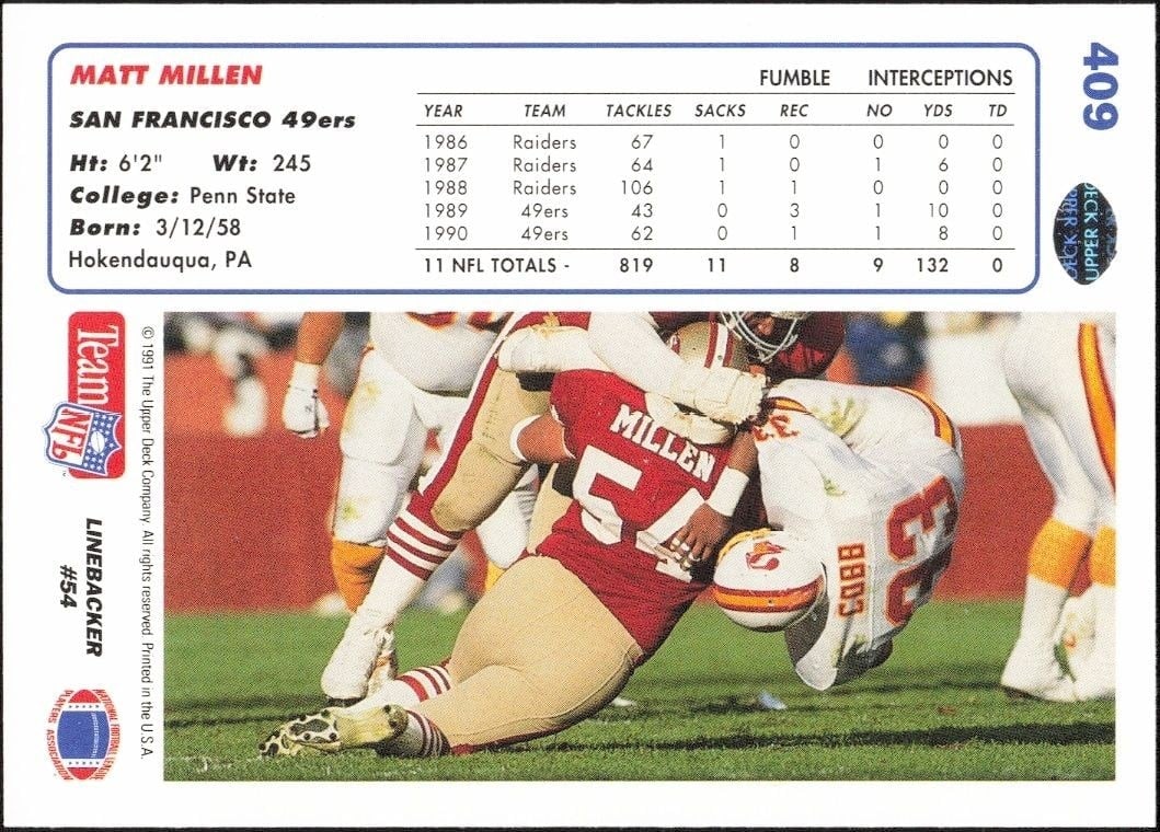 1991 Upper Deck Matt Millen #409 football trading card back