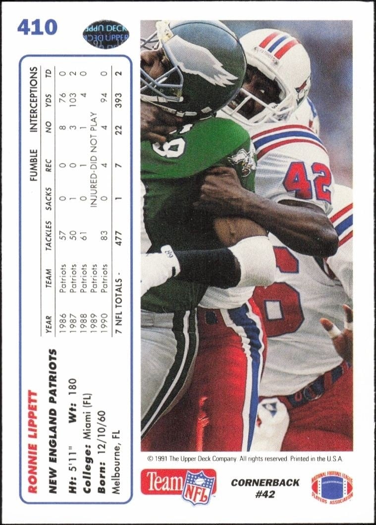 1991 Upper Deck Ronnie Lippett #410 football trading card back