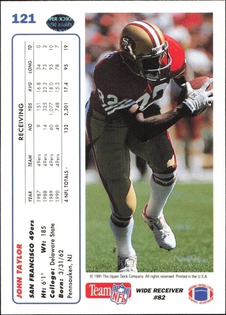1991 Upper Deck John Taylor #121 football trading card back