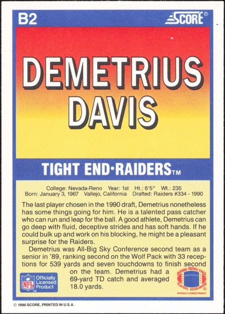 1990 Score Demetrius Davis #B2 football trading card back
