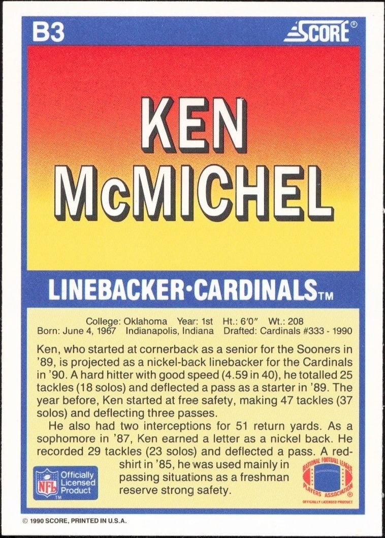 1990 Score Ken McMichel #B3 football trading card back