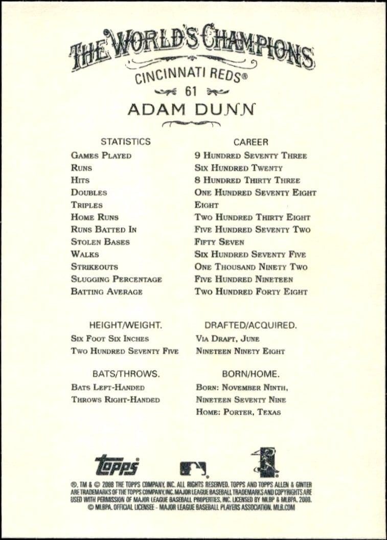 2008 Topps Allen & Ginter Adam Dunn #61 baseball trading card back