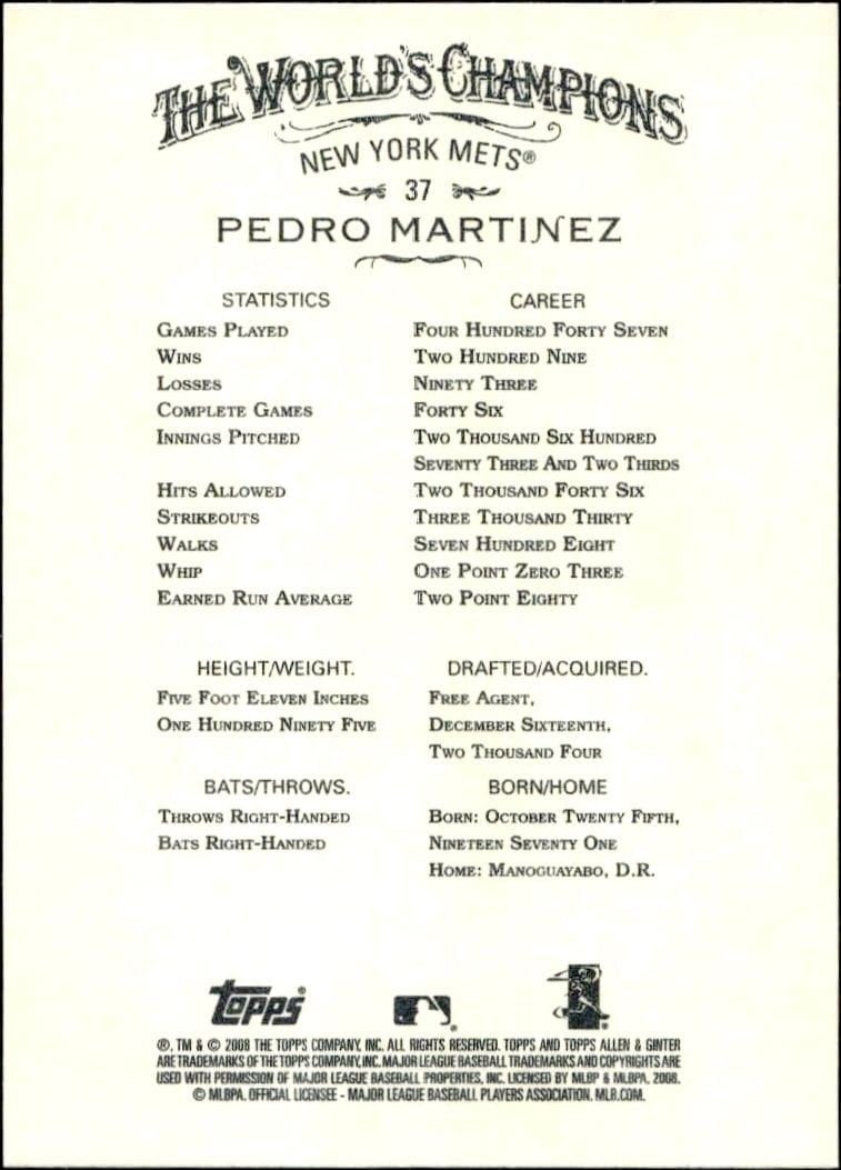 2008 Topps Allen & Ginter Pedro Martinez #37 baseball trading card back