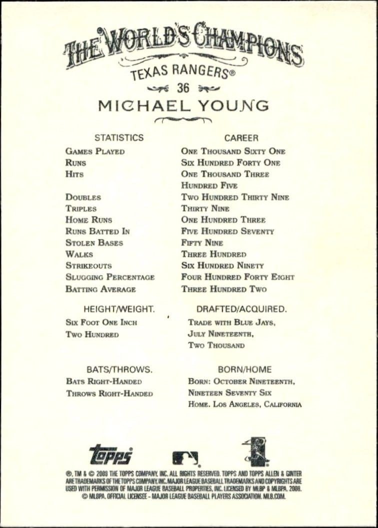 2008 Topps Allen & Ginter Michael Young #36 baseball trading card back