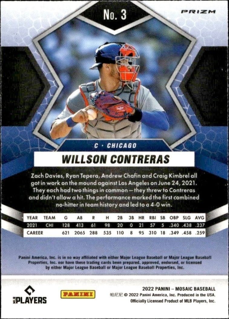 2022 Panini Mosaic Willson Contreras #3 baseball trading card back