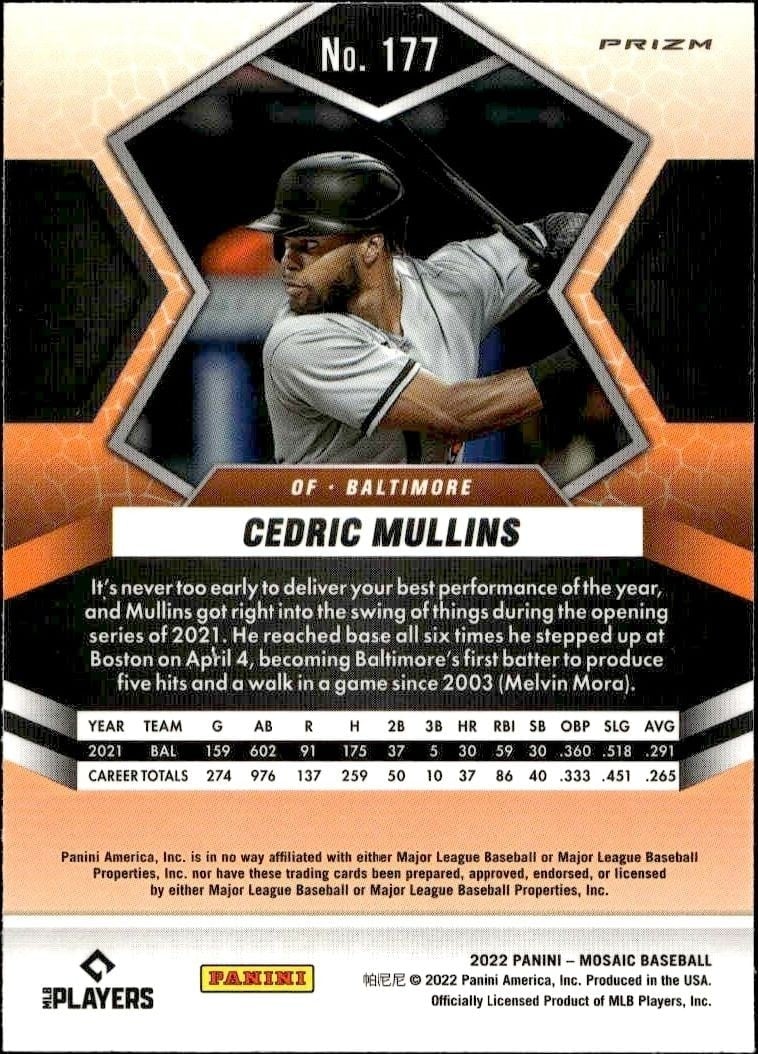 2022 Panini Mosaic Cedric Mullins #177 baseball trading card back