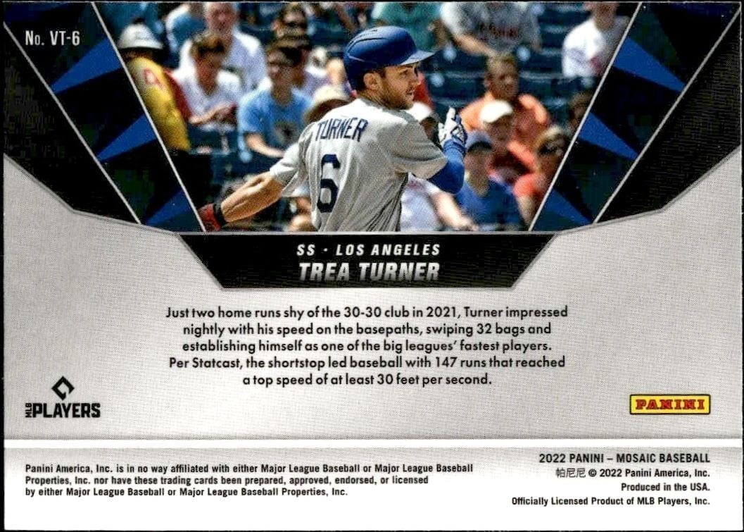 2022 Panini Mosaic Trea Turner #VT-6 baseball trading card back