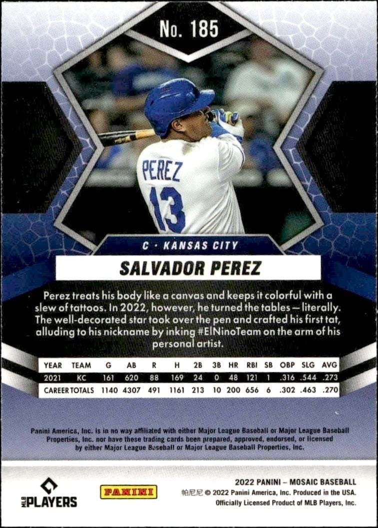 2022 Panini Mosaic Salvador Perez #185 baseball trading card back