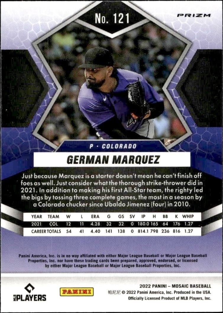 2022 Panini Mosaic German Marquez #121 baseball trading card back