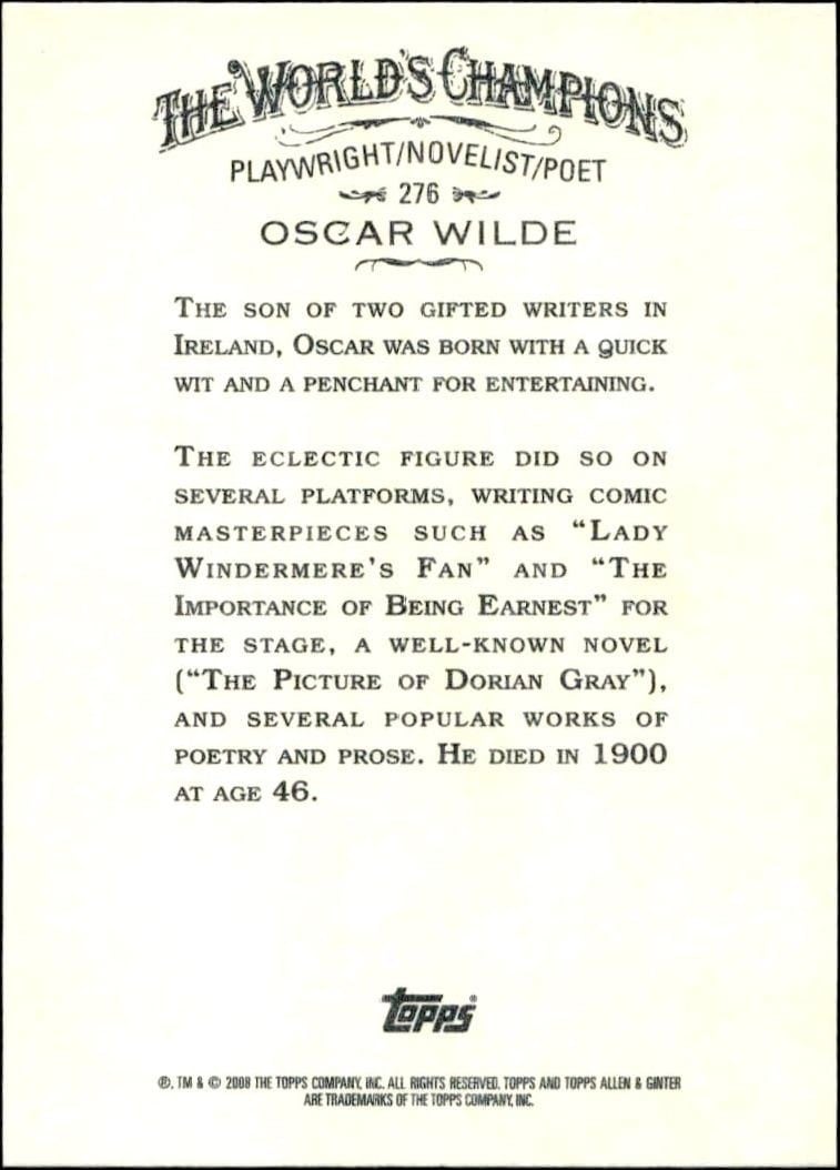 2008 Topps Allen & Ginter Oscar Wilde #276 baseball trading card back