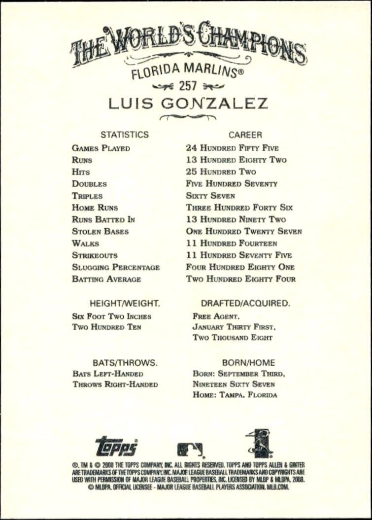 2008 Topps Allen & Ginter Luis Gonzalez #257 baseball trading card back