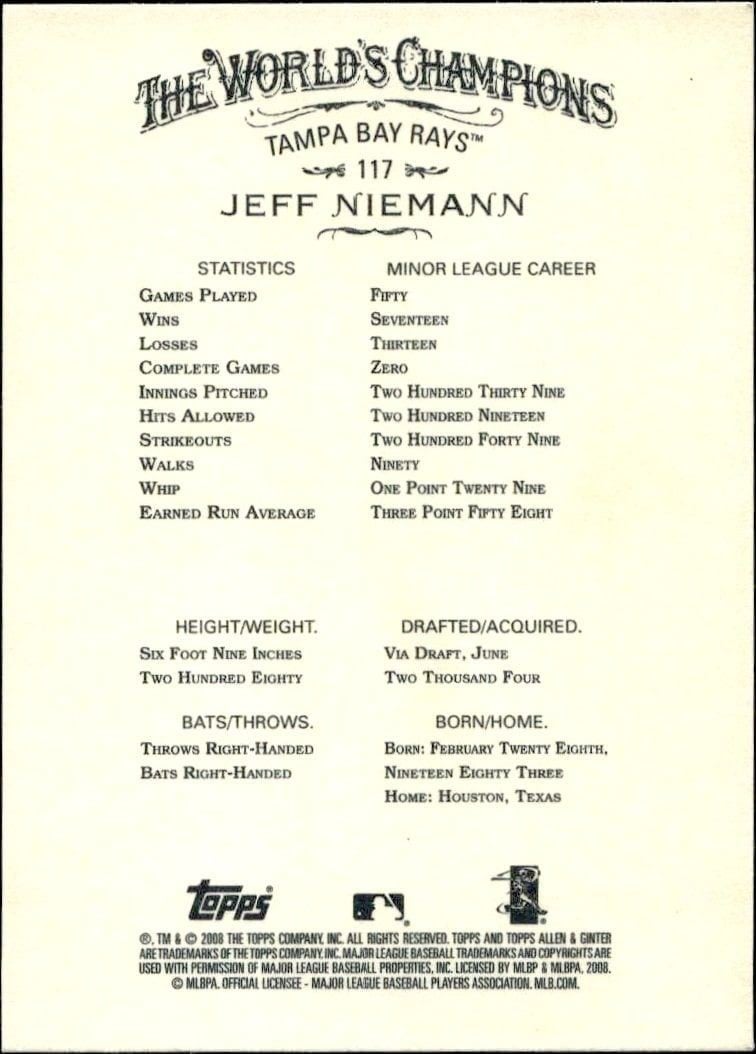 2008 Topps Allen & Ginter Jeff Niemann #117 baseball trading card back