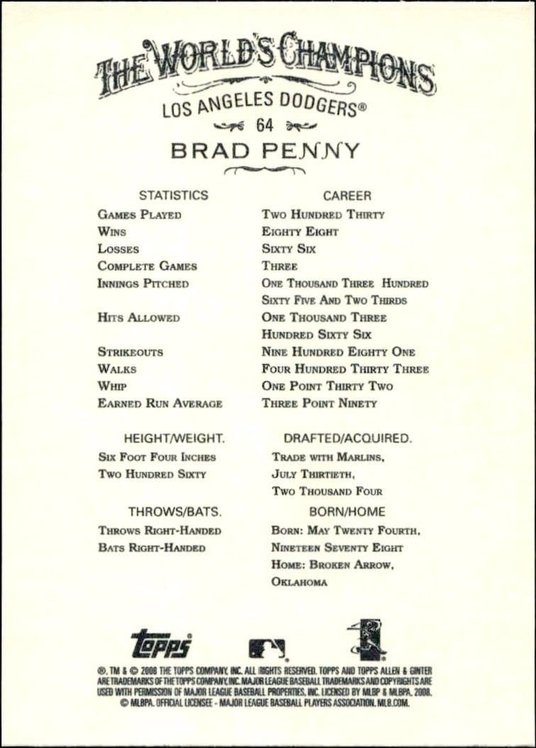 2008 Topps Allen & Ginter Brad Penny #64 baseball trading card back