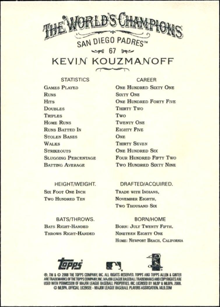 2008 Topps Allen & Ginter Kevin Kouzmanoff #67 baseball trading card back