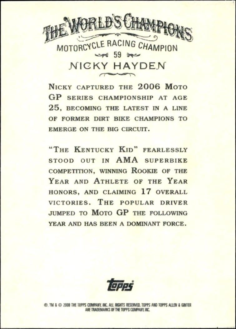 2008 Topps Allen & Ginter Nicky Hayden #59 baseball trading card back