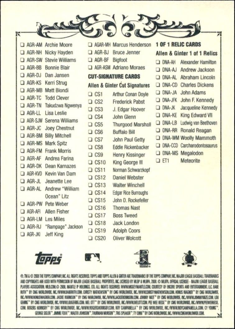2008 Topps Allen & Ginter Checklist #4 baseball trading card back