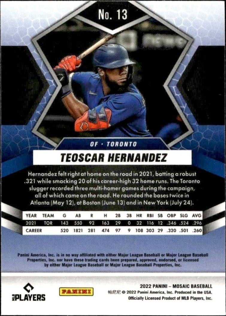 2022 Panini Mosaic Teoscar Hernandez #13 baseball trading card back